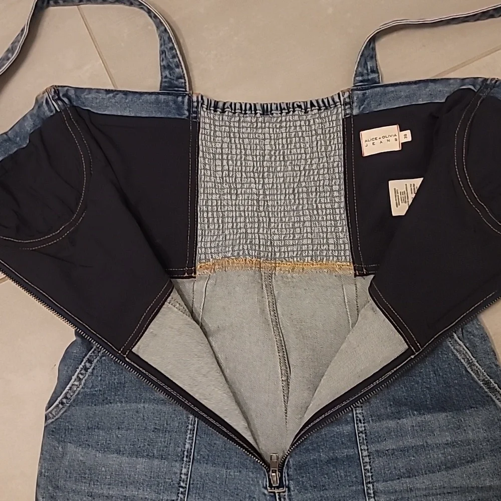 Alice + Olivia Medium Blue Denim Bustier Zip-Front Overalls - Picture 12 of 12
